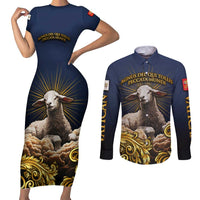 Agnus Dei Lamb of God Couples Matching Short Sleeve Bodycon Dress and Long Sleeve Button Shirt Latin Catholic Art with Gold Baroque Accents