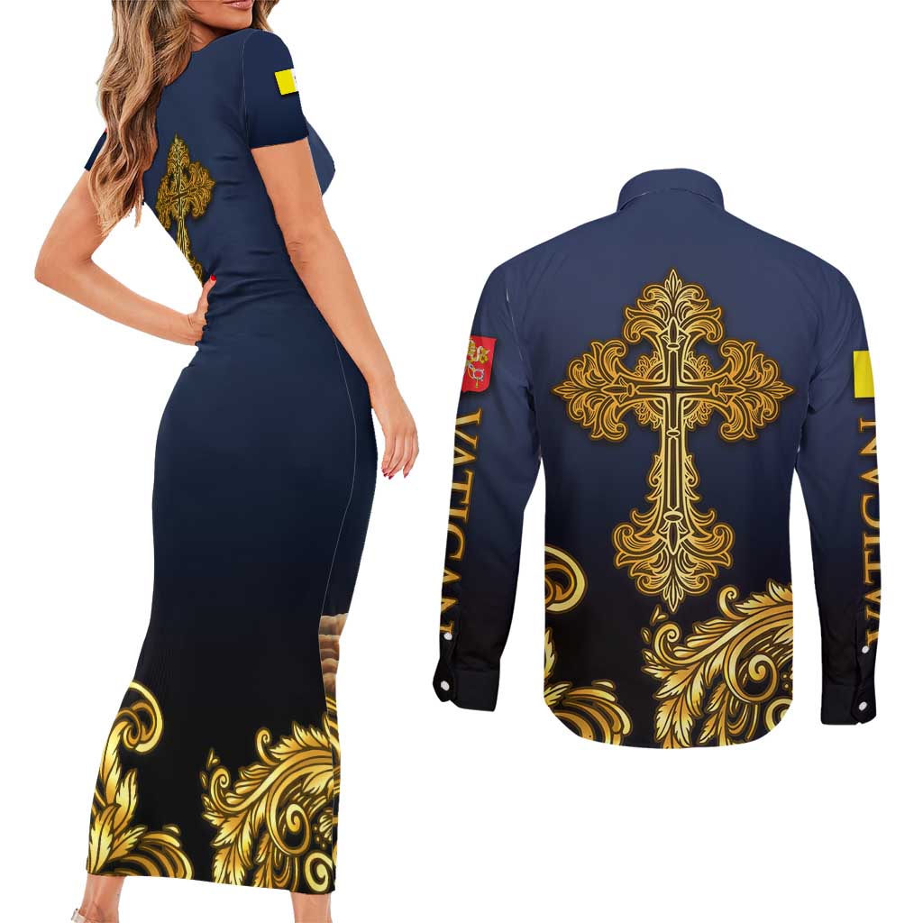 Agnus Dei Lamb of God Couples Matching Short Sleeve Bodycon Dress and Long Sleeve Button Shirt Latin Catholic Art with Gold Baroque Accents