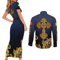 Agnus Dei Lamb of God Couples Matching Short Sleeve Bodycon Dress and Long Sleeve Button Shirt Latin Catholic Art with Gold Baroque Accents
