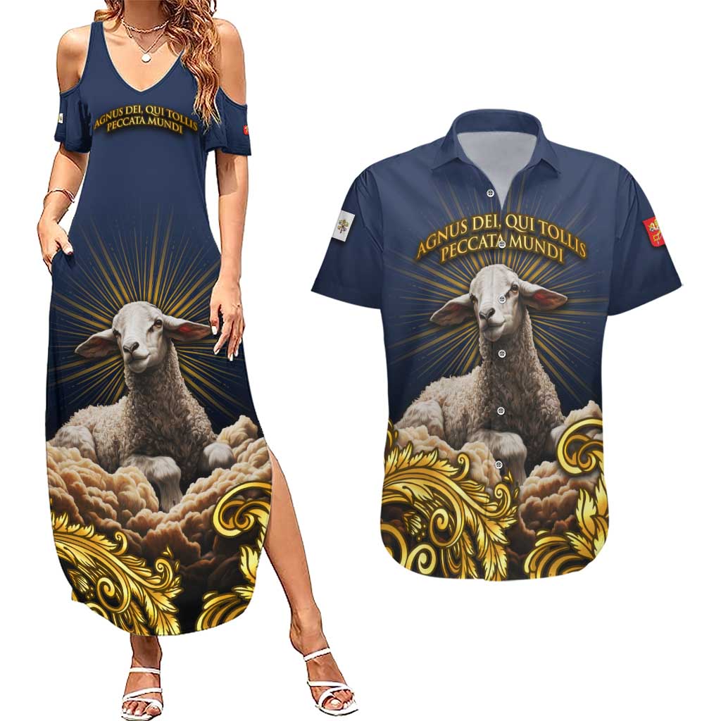 Agnus Dei Lamb of God Couples Matching Summer Maxi Dress and Hawaiian Shirt Latin Catholic Art with Gold Baroque Accents