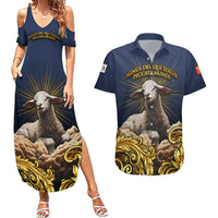Agnus Dei Lamb of God Couples Matching Summer Maxi Dress and Hawaiian Shirt Latin Catholic Art with Gold Baroque Accents