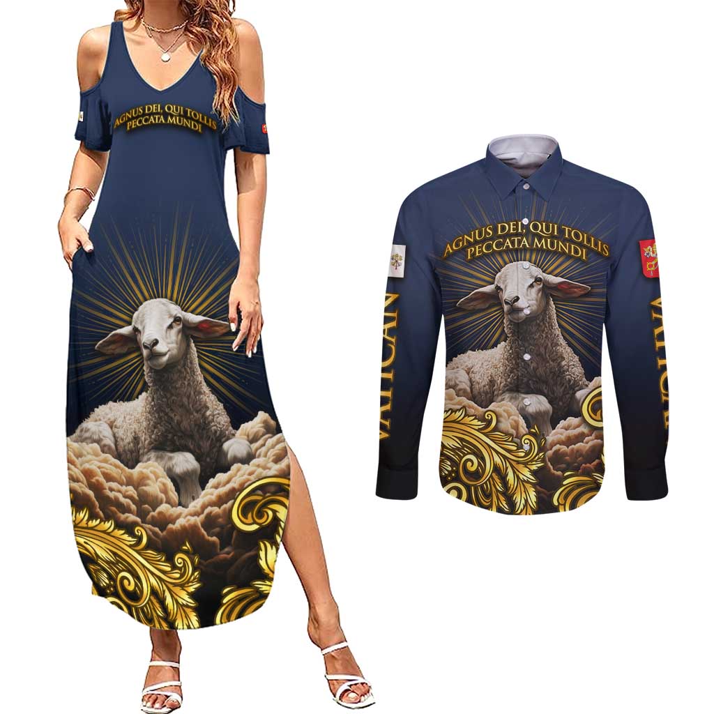 Agnus Dei Lamb of God Couples Matching Summer Maxi Dress and Long Sleeve Button Shirt Latin Catholic Art with Gold Baroque Accents