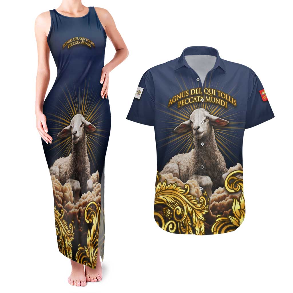 Agnus Dei Lamb of God Couples Matching Tank Maxi Dress and Hawaiian Shirt Latin Catholic Art with Gold Baroque Accents