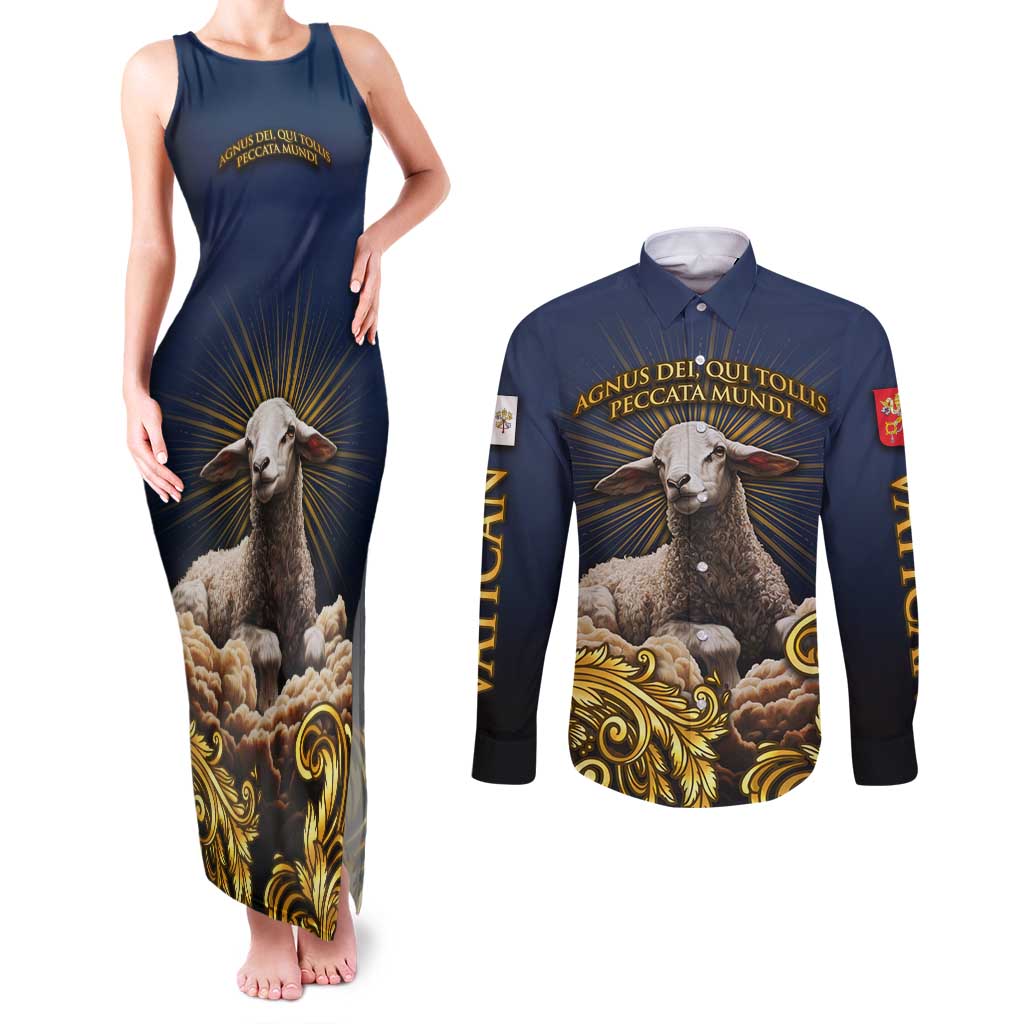 Agnus Dei Lamb of God Couples Matching Tank Maxi Dress and Long Sleeve Button Shirt Latin Catholic Art with Gold Baroque Accents