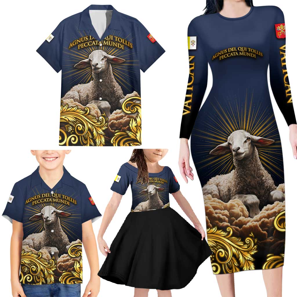 Agnus Dei Lamb of God Family Matching Long Sleeve Bodycon Dress and Hawaiian Shirt Latin Catholic Art with Gold Baroque Accents