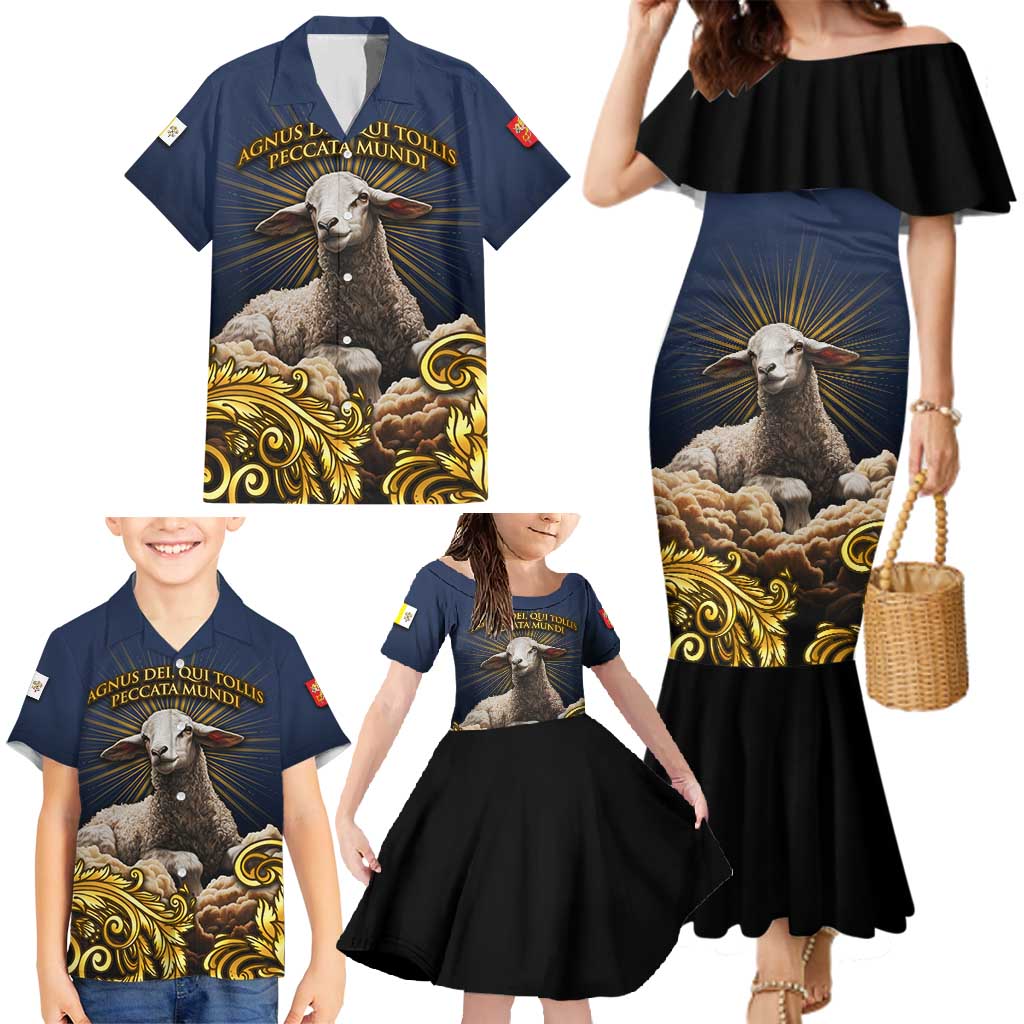 Agnus Dei Lamb of God Family Matching Mermaid Dress and Hawaiian Shirt Latin Catholic Art with Gold Baroque Accents