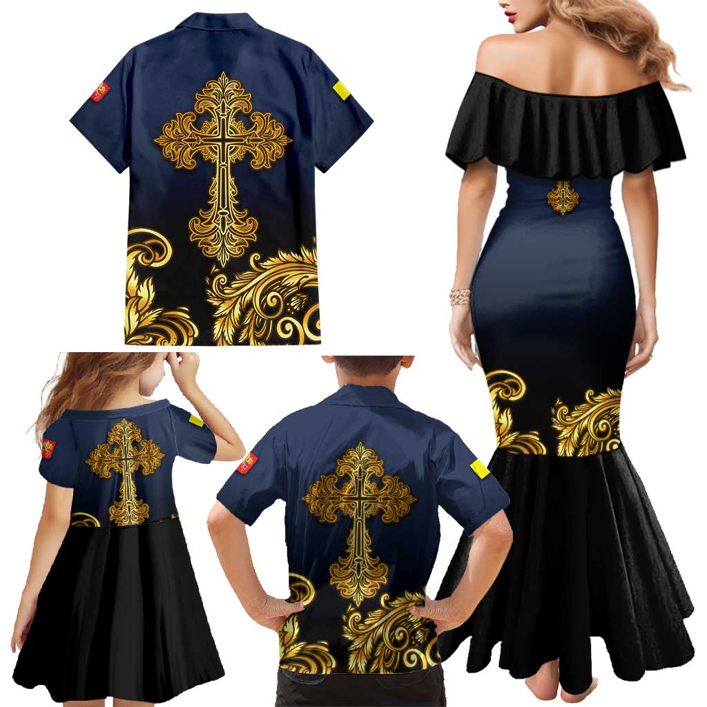 Agnus Dei Lamb of God Family Matching Mermaid Dress and Hawaiian Shirt Latin Catholic Art with Gold Baroque Accents