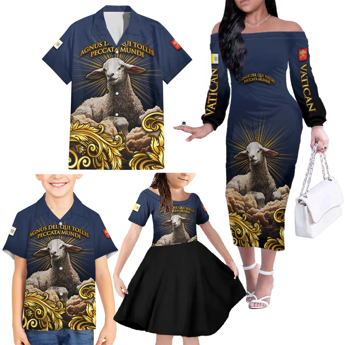Agnus Dei Lamb of God Family Matching Off The Shoulder Long Sleeve Dress and Hawaiian Shirt Latin Catholic Art with Gold Baroque Accents
