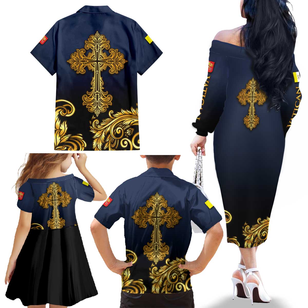 Agnus Dei Lamb of God Family Matching Off The Shoulder Long Sleeve Dress and Hawaiian Shirt Latin Catholic Art with Gold Baroque Accents