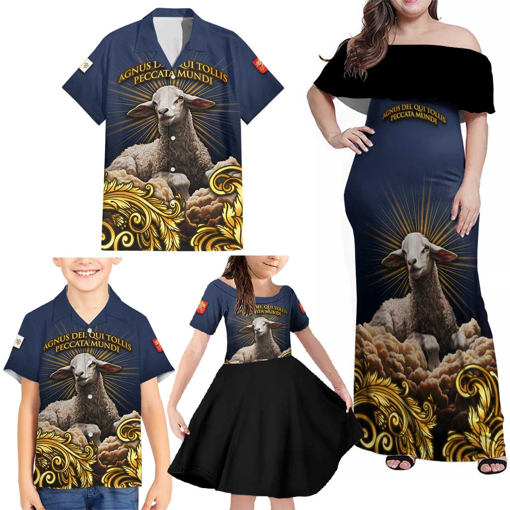 Agnus Dei Lamb of God Family Matching Off Shoulder Maxi Dress and Hawaiian Shirt Latin Catholic Art with Gold Baroque Accents