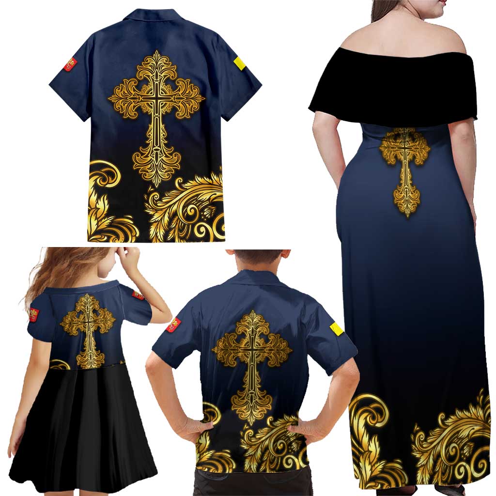 Agnus Dei Lamb of God Family Matching Off Shoulder Maxi Dress and Hawaiian Shirt Latin Catholic Art with Gold Baroque Accents