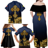 Agnus Dei Lamb of God Family Matching Off Shoulder Maxi Dress and Hawaiian Shirt Latin Catholic Art with Gold Baroque Accents