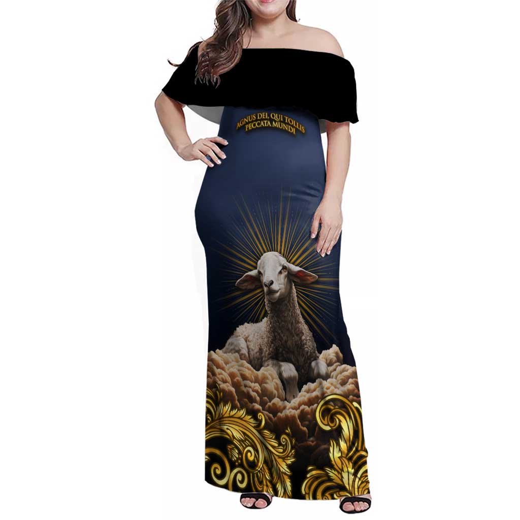 Agnus Dei Lamb of God Family Matching Off Shoulder Maxi Dress and Hawaiian Shirt Latin Catholic Art with Gold Baroque Accents