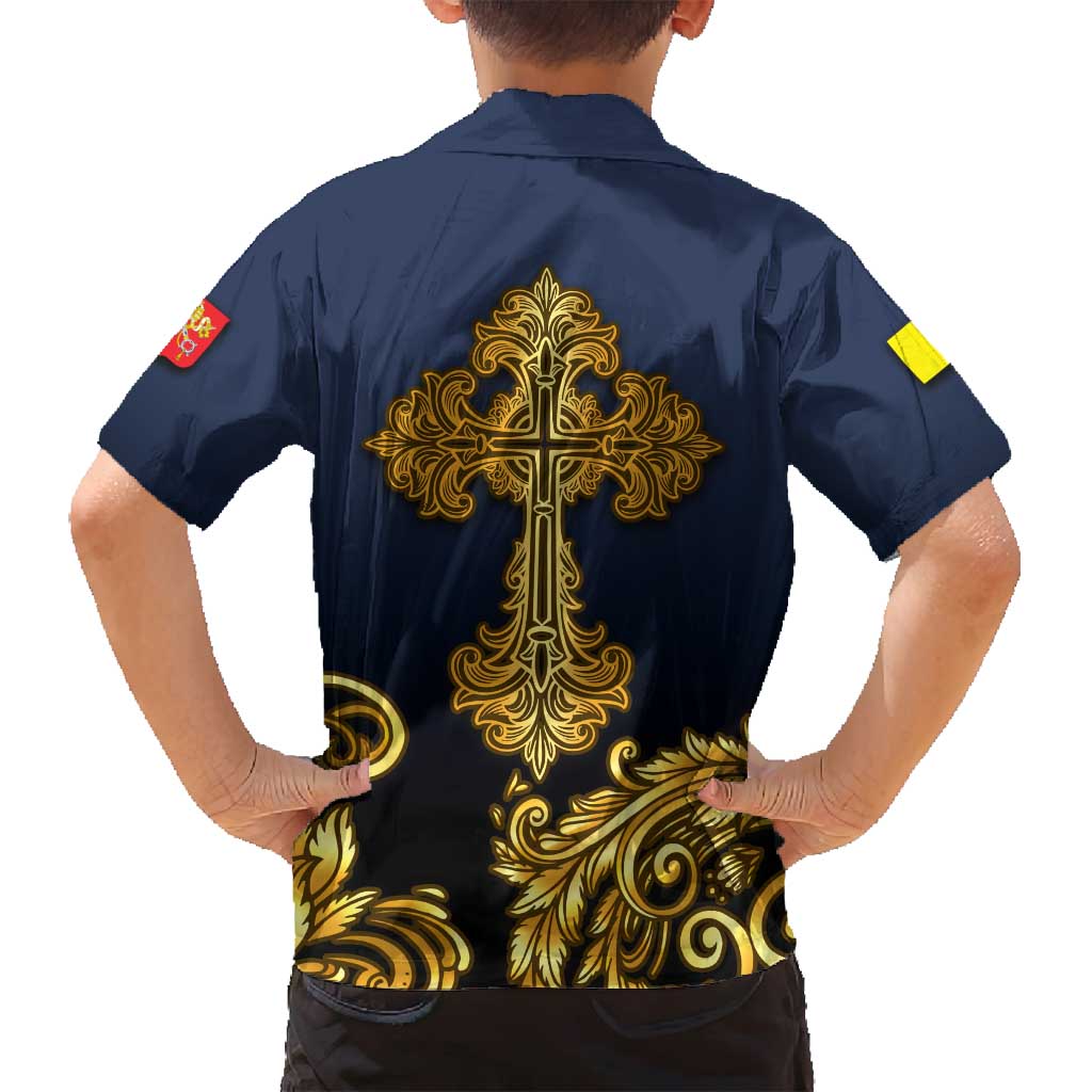 Agnus Dei Lamb of God Family Matching Off Shoulder Short Dress and Hawaiian Shirt Latin Catholic Art with Gold Baroque Accents