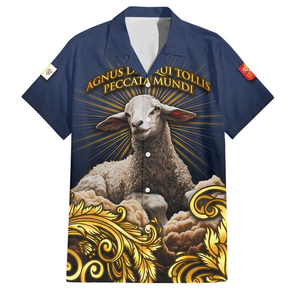Agnus Dei Lamb of God Family Matching Off Shoulder Short Dress and Hawaiian Shirt Latin Catholic Art with Gold Baroque Accents