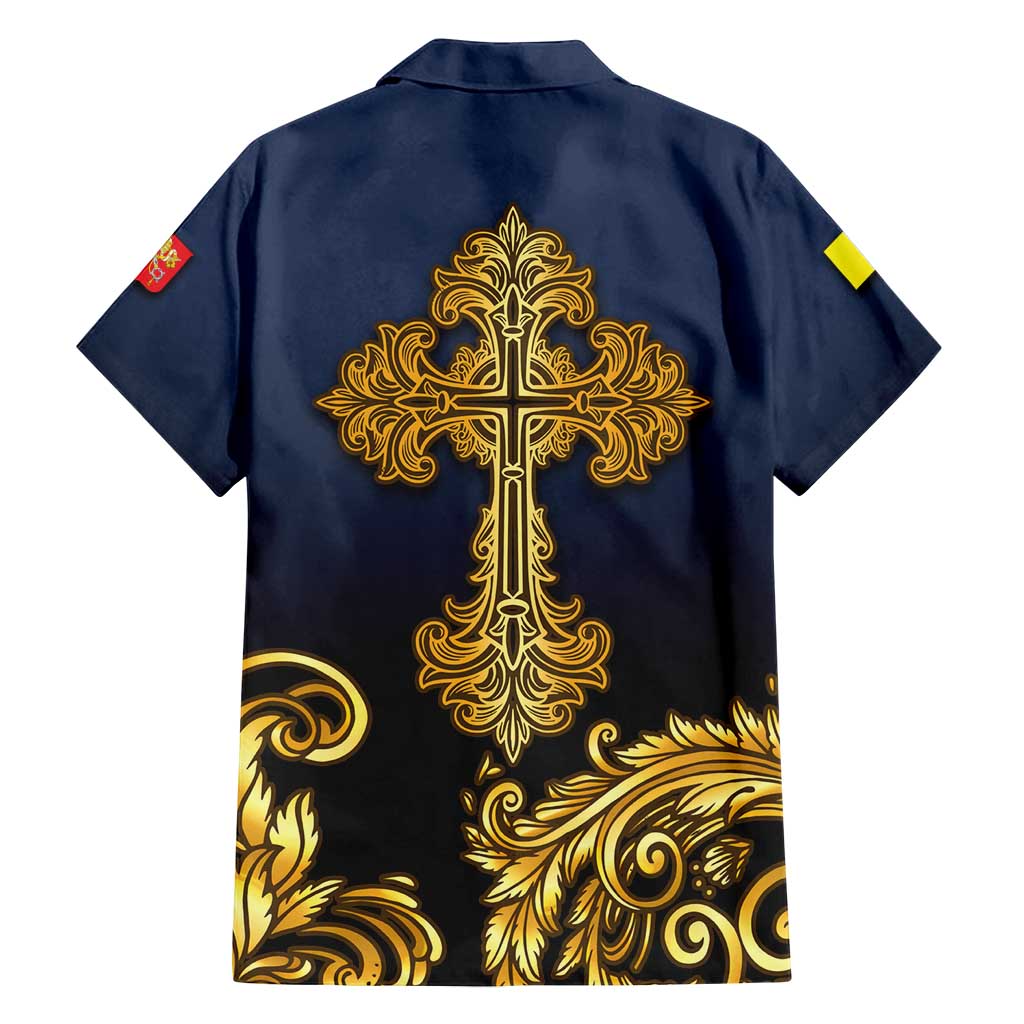 Agnus Dei Lamb of God Family Matching Off Shoulder Short Dress and Hawaiian Shirt Latin Catholic Art with Gold Baroque Accents