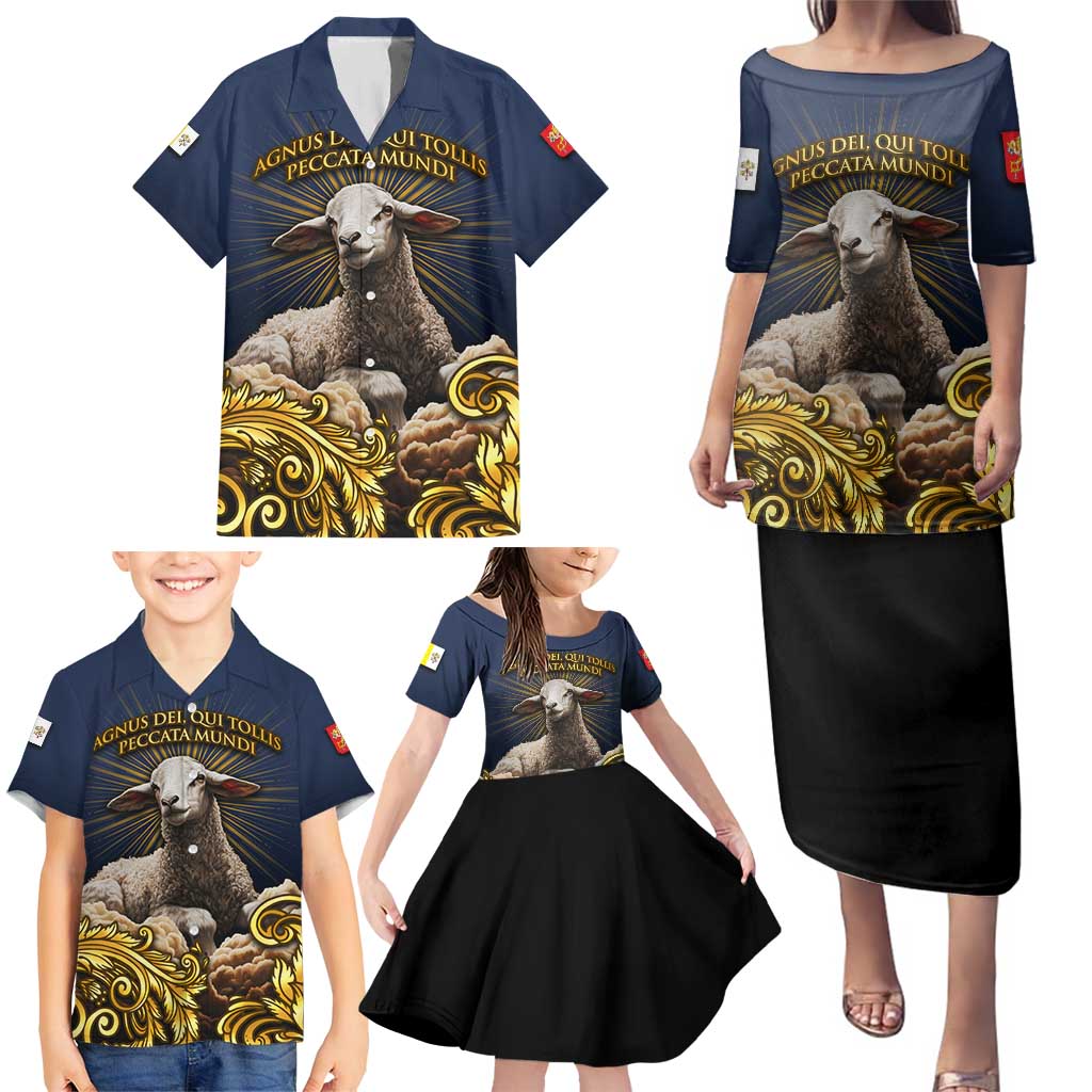 Agnus Dei Lamb of God Family Matching Puletasi and Hawaiian Shirt Latin Catholic Art with Gold Baroque Accents