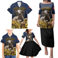 Agnus Dei Lamb of God Family Matching Puletasi and Hawaiian Shirt Latin Catholic Art with Gold Baroque Accents
