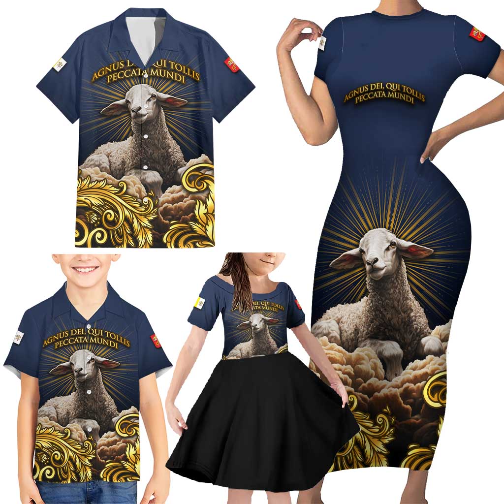 Agnus Dei Lamb of God Family Matching Short Sleeve Bodycon Dress and Hawaiian Shirt Latin Catholic Art with Gold Baroque Accents