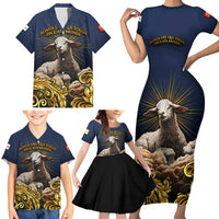 Agnus Dei Lamb of God Family Matching Short Sleeve Bodycon Dress and Hawaiian Shirt Latin Catholic Art with Gold Baroque Accents