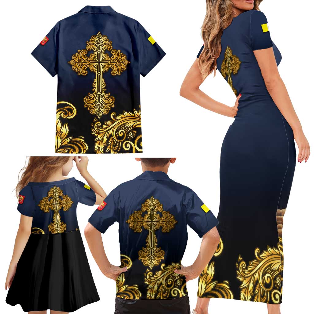 Agnus Dei Lamb of God Family Matching Short Sleeve Bodycon Dress and Hawaiian Shirt Latin Catholic Art with Gold Baroque Accents