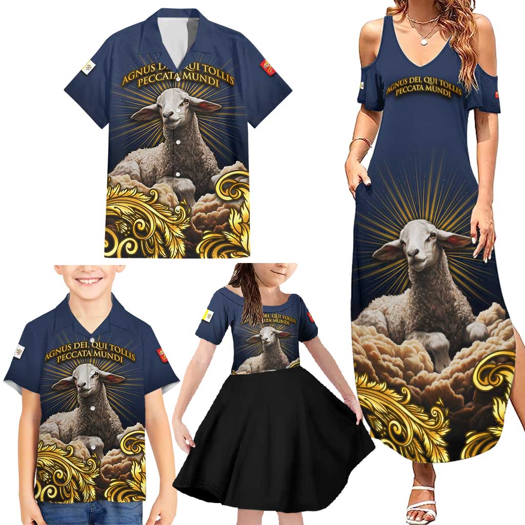 Agnus Dei Lamb of God Family Matching Summer Maxi Dress and Hawaiian Shirt Latin Catholic Art with Gold Baroque Accents