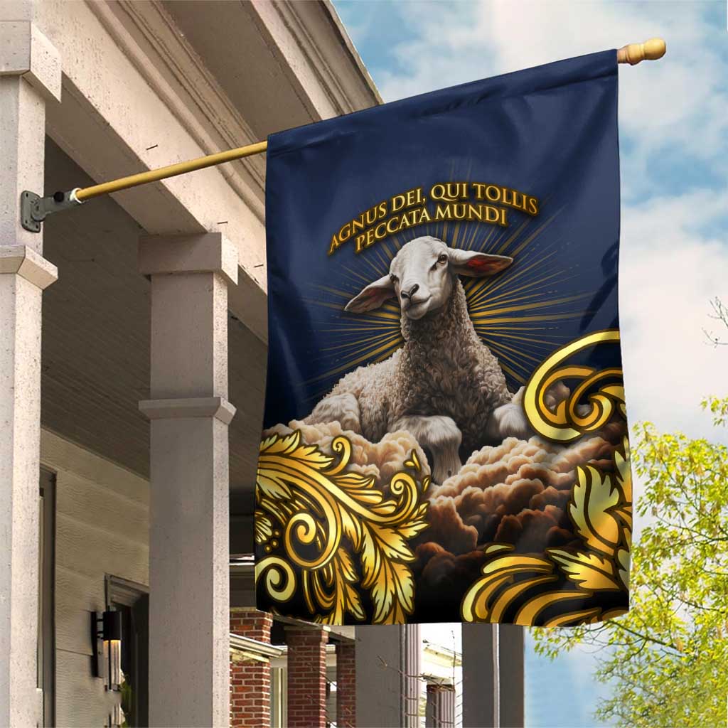 Agnus Dei Lamb of God Garden Flag Latin Catholic Art with Gold Baroque Accents