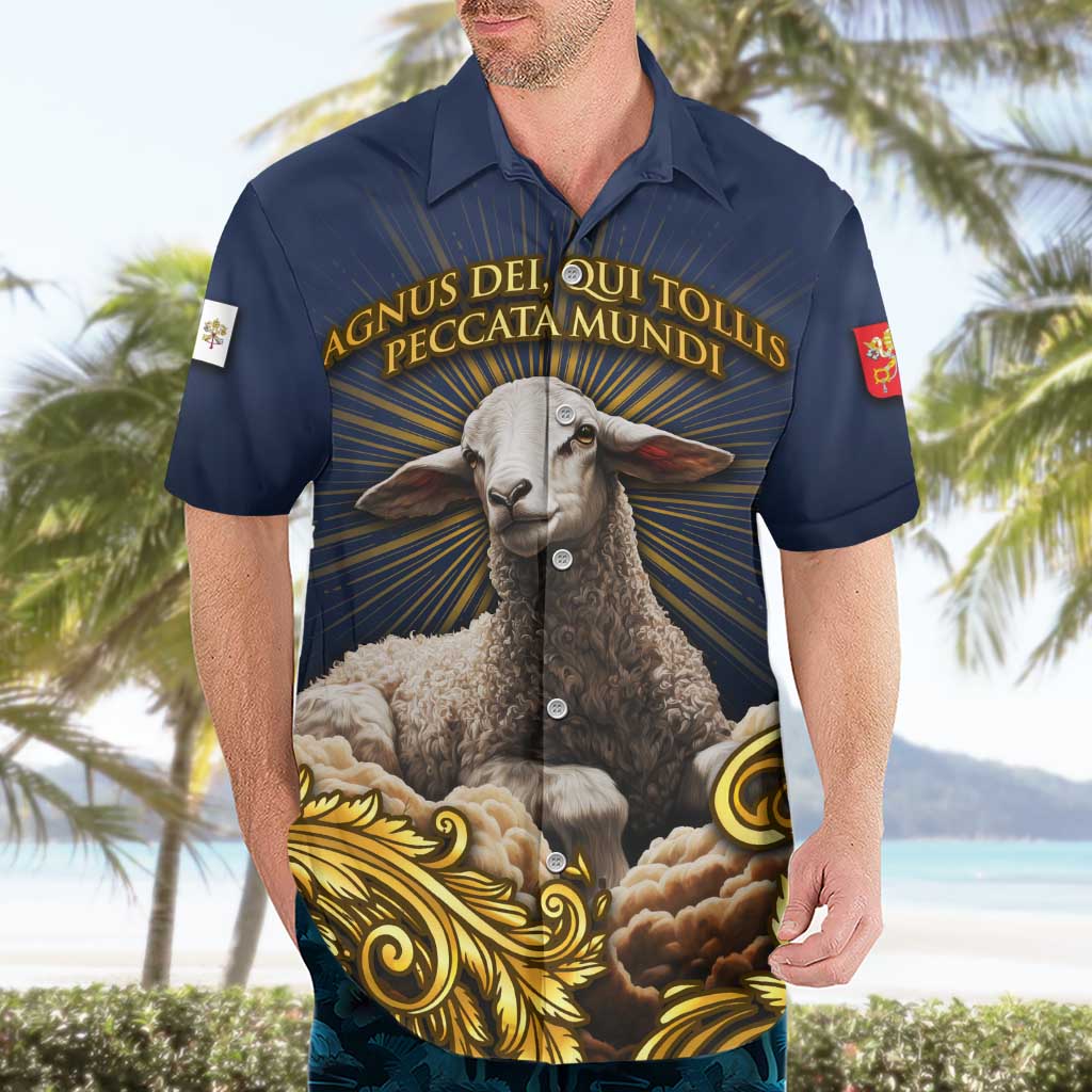 Agnus Dei Lamb of God Hawaiian Shirt Latin Catholic Art with Gold Baroque Accents