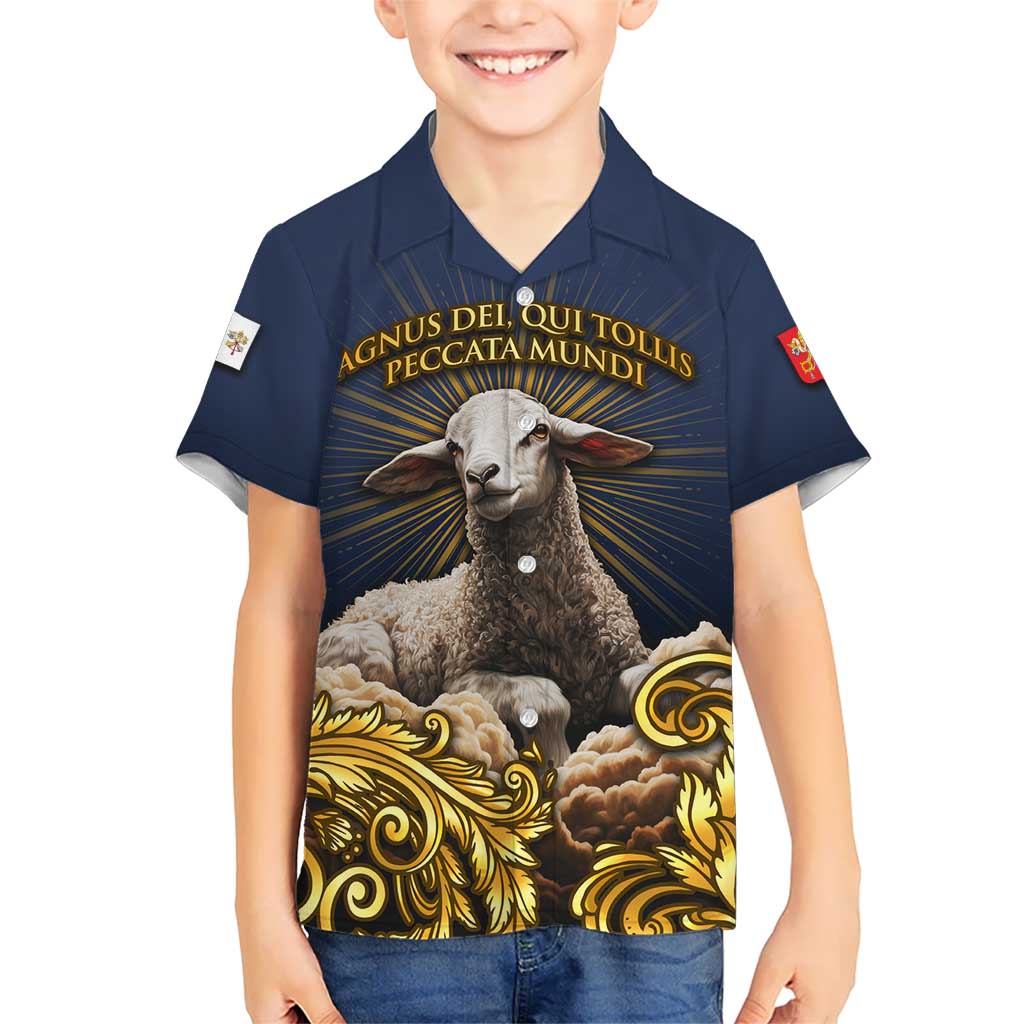 Agnus Dei Lamb of God Kid Hawaiian Shirt Latin Catholic Art with Gold Baroque Accents