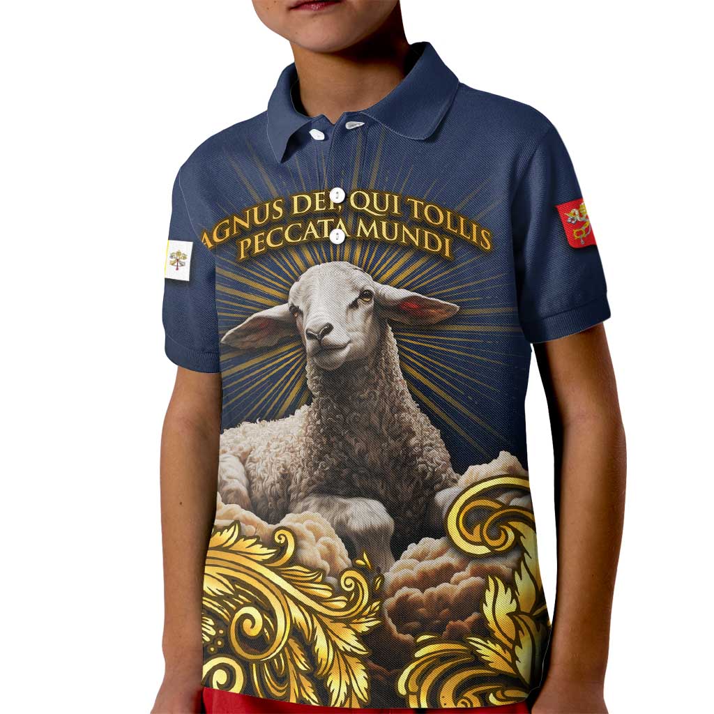 Agnus Dei Lamb of God Kid Polo Shirt Latin Catholic Art with Gold Baroque Accents
