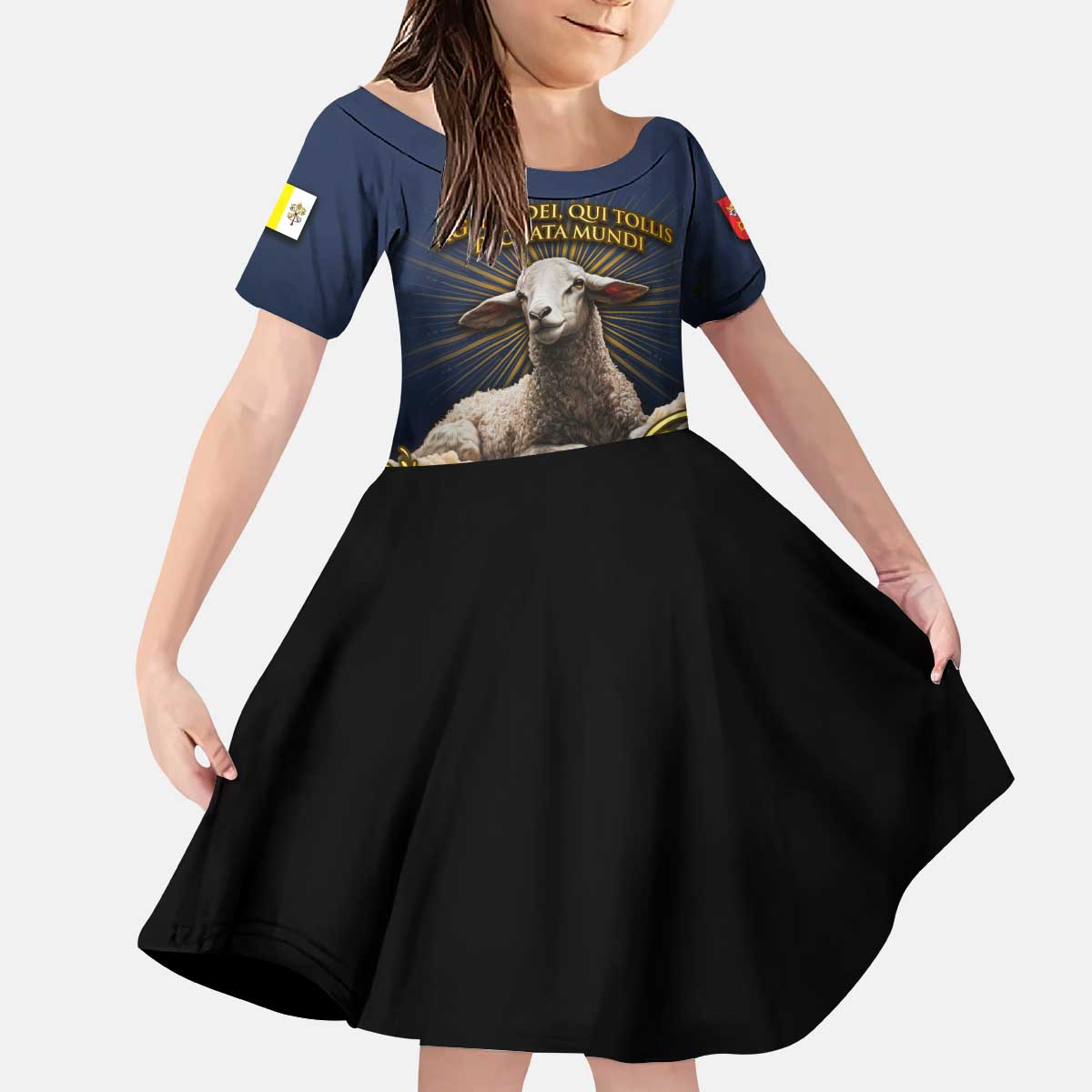 Agnus Dei Lamb of God Kid Short Sleeve Dress Latin Catholic Art with Gold Baroque Accents