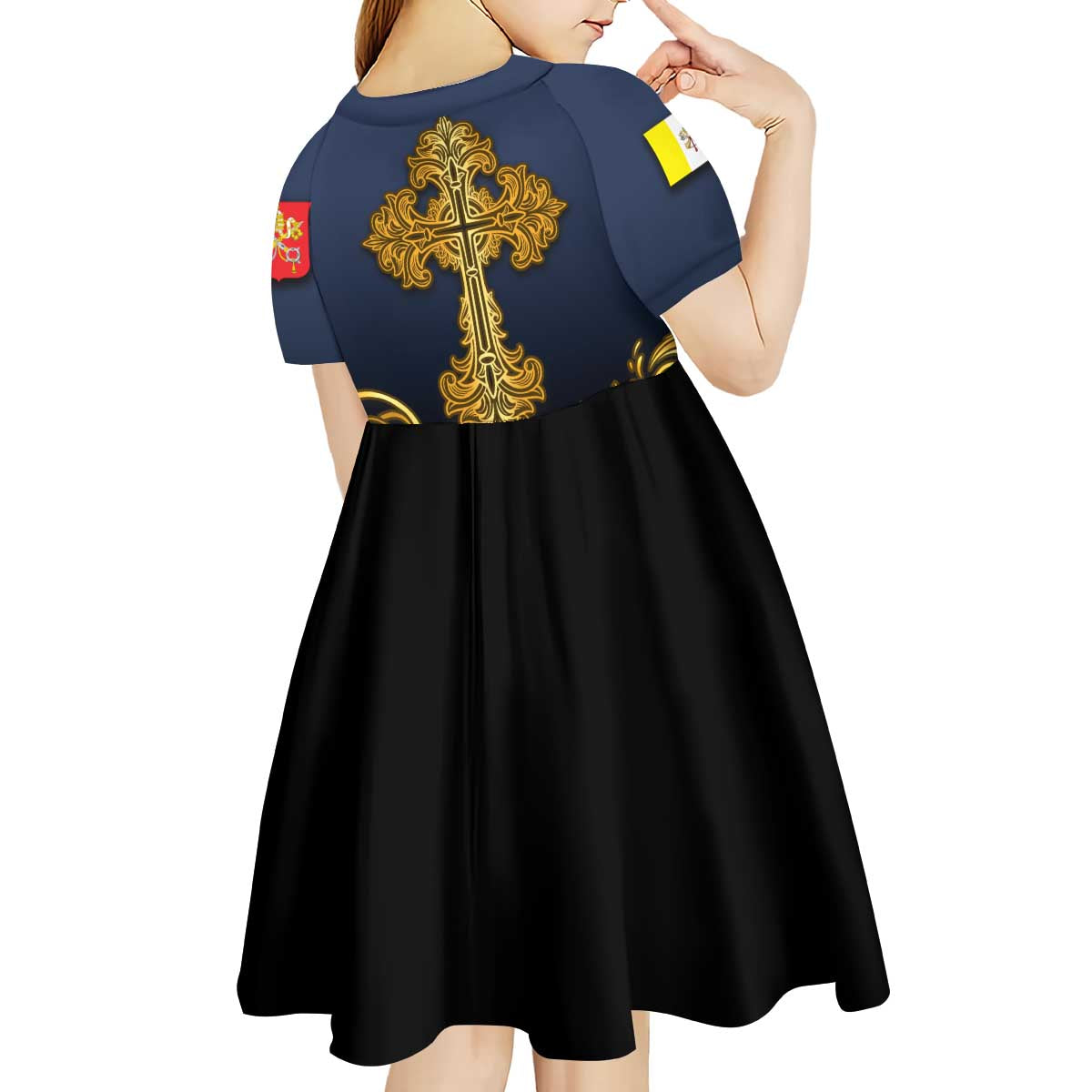 Agnus Dei Lamb of God Kid Short Sleeve Dress Latin Catholic Art with Gold Baroque Accents