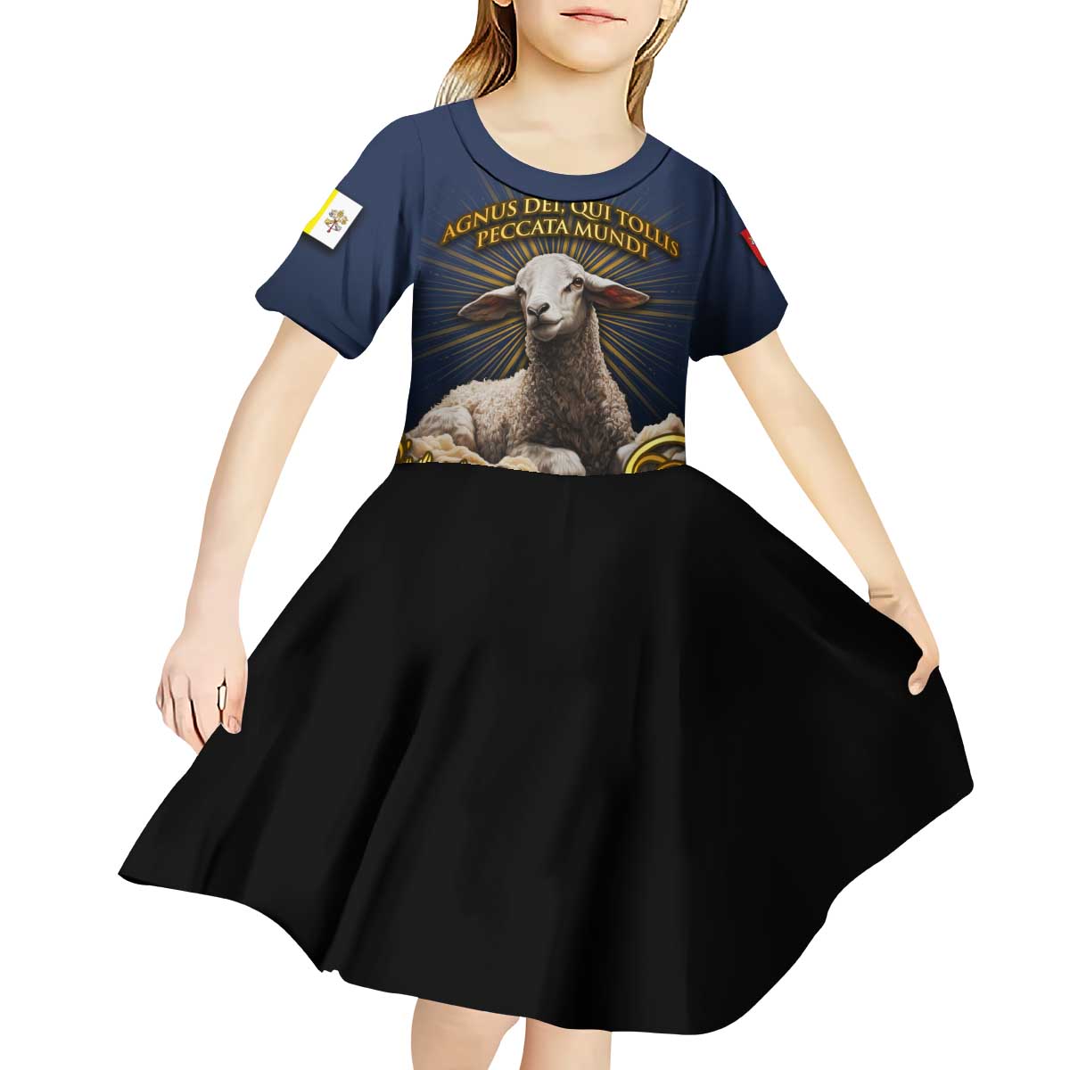 Agnus Dei Lamb of God Kid Short Sleeve Dress Latin Catholic Art with Gold Baroque Accents