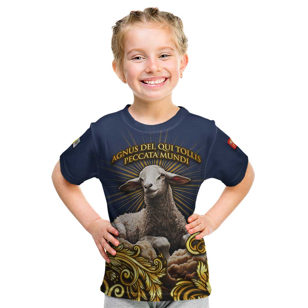 Agnus Dei Lamb of God Kid T Shirt Latin Catholic Art with Gold Baroque Accents