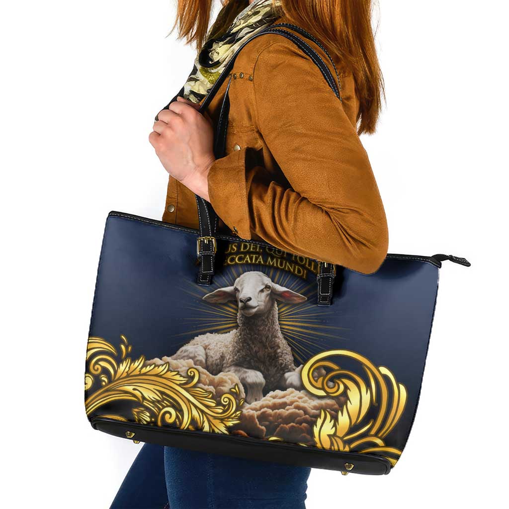 Agnus Dei Lamb of God Leather Tote Bag Latin Catholic Art with Gold Baroque Accents