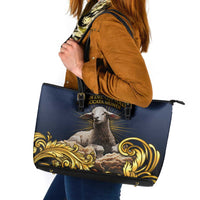 Agnus Dei Lamb of God Leather Tote Bag Latin Catholic Art with Gold Baroque Accents