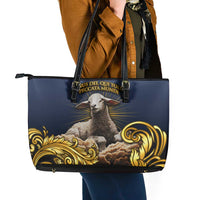 Agnus Dei Lamb of God Leather Tote Bag Latin Catholic Art with Gold Baroque Accents