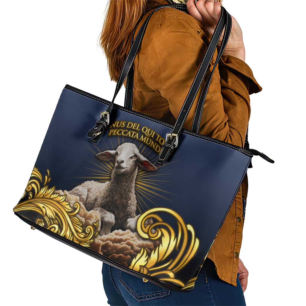 Agnus Dei Lamb of God Leather Tote Bag Latin Catholic Art with Gold Baroque Accents