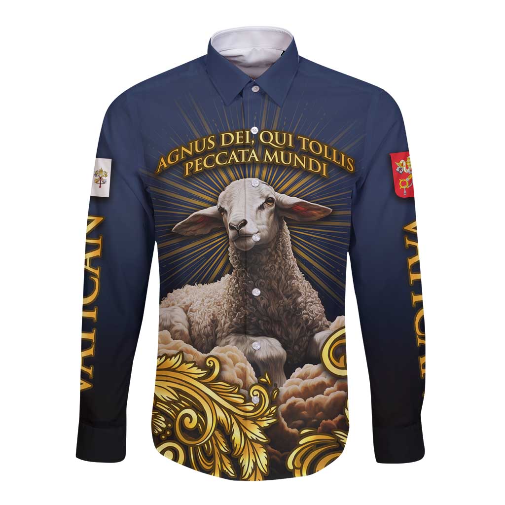 Agnus Dei Lamb of God Long Sleeve Button Shirt Latin Catholic Art with Gold Baroque Accents