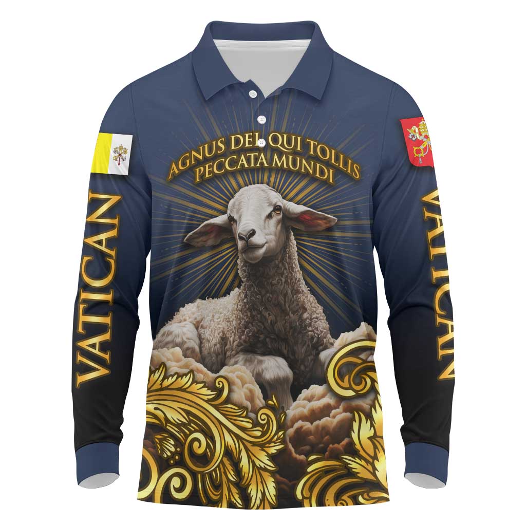 Agnus Dei Lamb of God Long Sleeve Polo Shirt Latin Catholic Art with Gold Baroque Accents