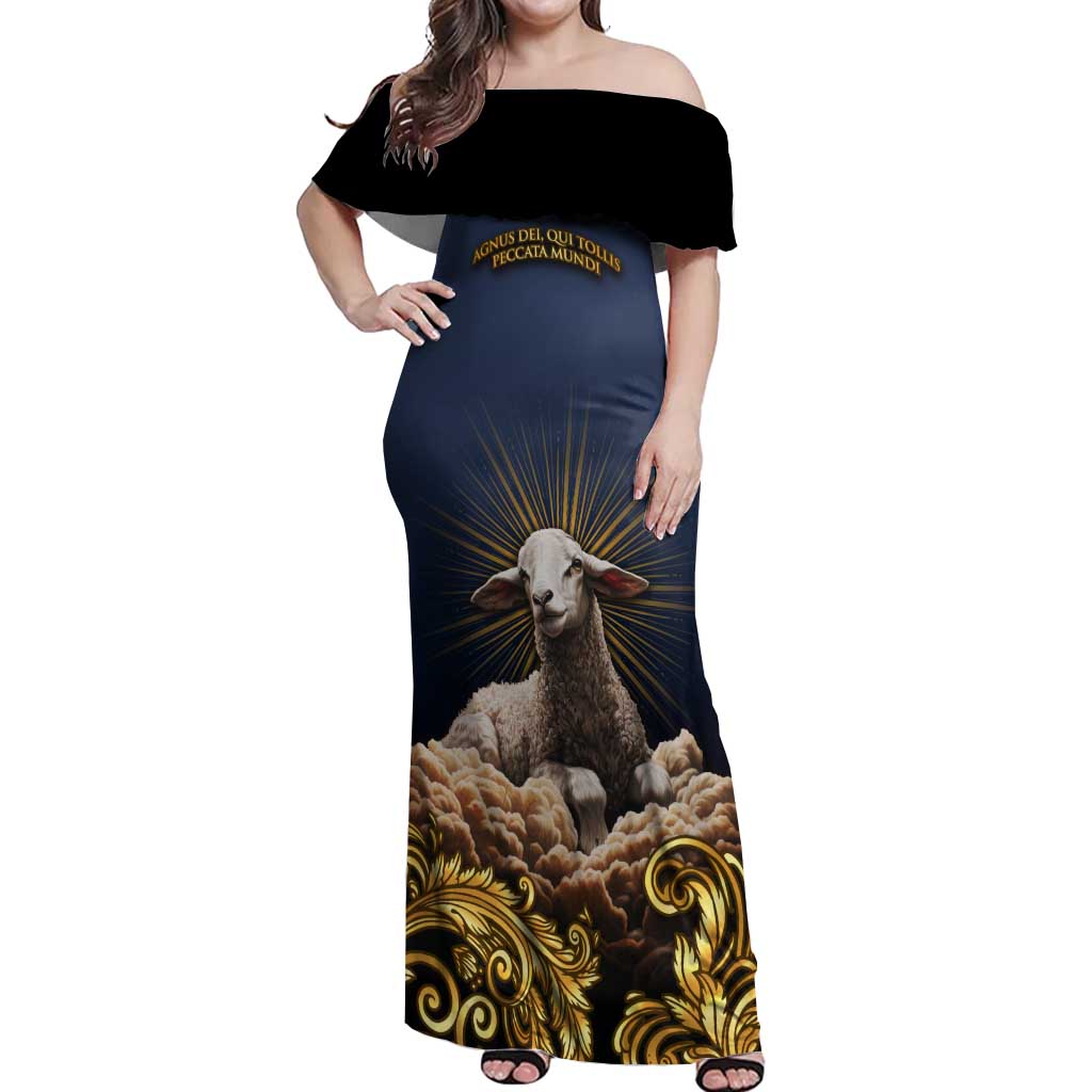 Agnus Dei Lamb of God Off Shoulder Maxi Dress Latin Catholic Art with Gold Baroque Accents