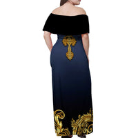 Agnus Dei Lamb of God Off Shoulder Maxi Dress Latin Catholic Art with Gold Baroque Accents