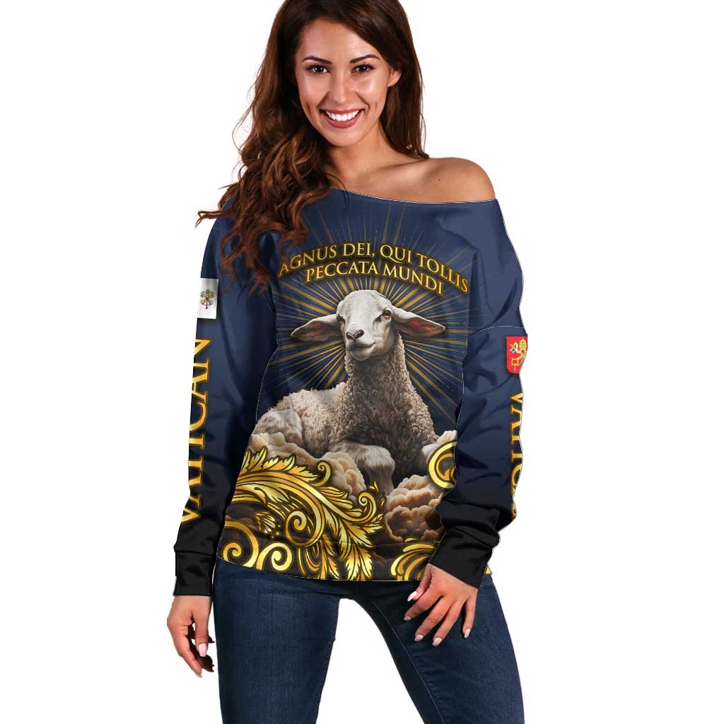 Agnus Dei Lamb of God Off Shoulder Sweater Latin Catholic Art with Gold Baroque Accents