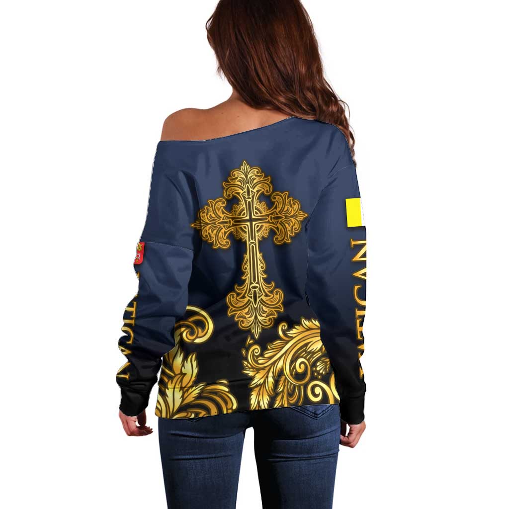 Agnus Dei Lamb of God Off Shoulder Sweater Latin Catholic Art with Gold Baroque Accents