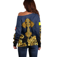 Agnus Dei Lamb of God Off Shoulder Sweater Latin Catholic Art with Gold Baroque Accents