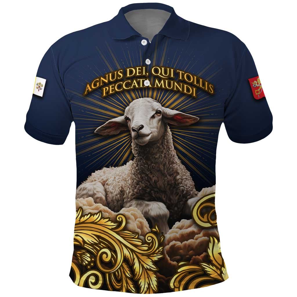 Agnus Dei Lamb of God Polo Shirt Latin Catholic Art with Gold Baroque Accents