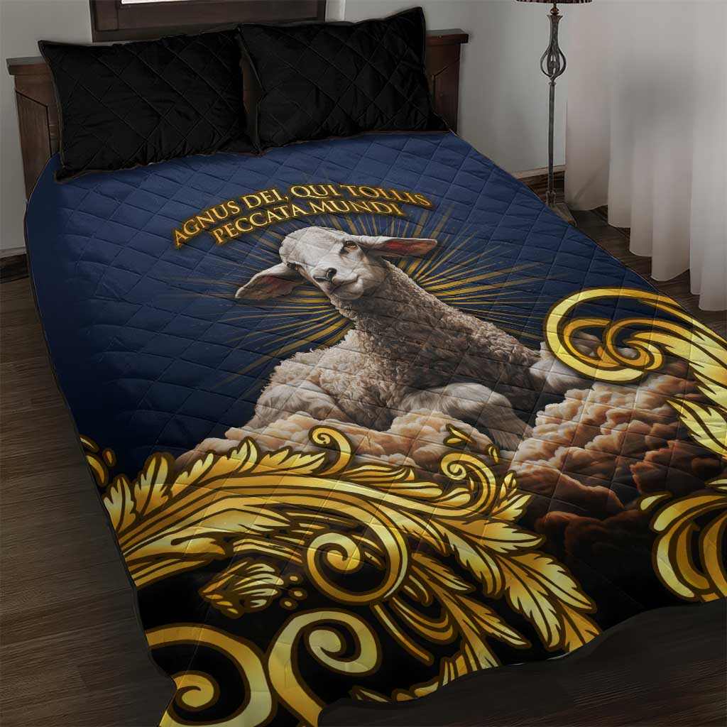 Agnus Dei Lamb of God Quilt Bed Set Latin Catholic Art with Gold Baroque Accents