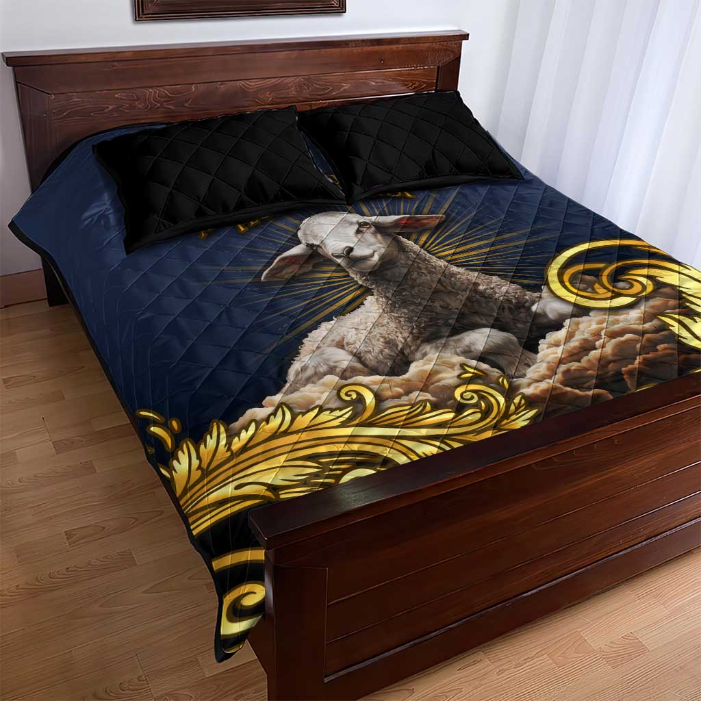 Agnus Dei Lamb of God Quilt Bed Set Latin Catholic Art with Gold Baroque Accents