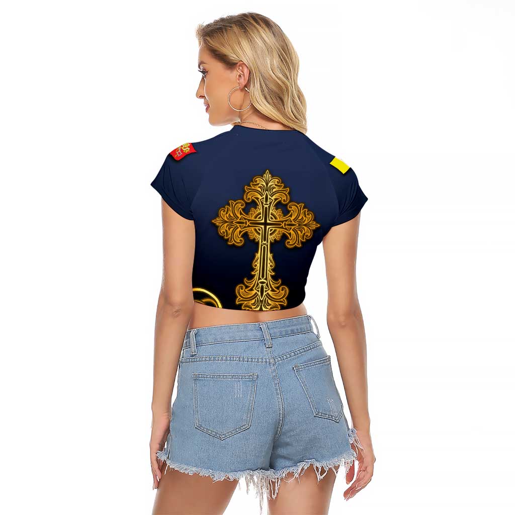 Agnus Dei Lamb of God Raglan Cropped T Shirt Latin Catholic Art with Gold Baroque Accents