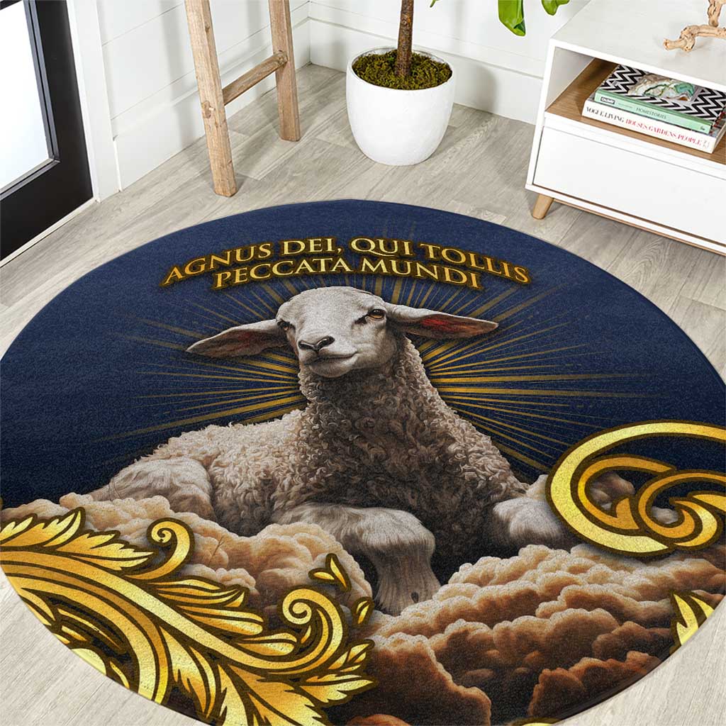 Agnus Dei Lamb of God Round Carpet Latin Catholic Art with Gold Baroque Accents